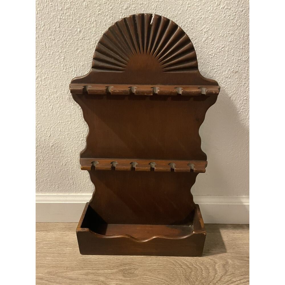 VTG Antique Primitive Wooden Sunburst 12 Spoon Rack Insert 18.5” Jewelry Hold